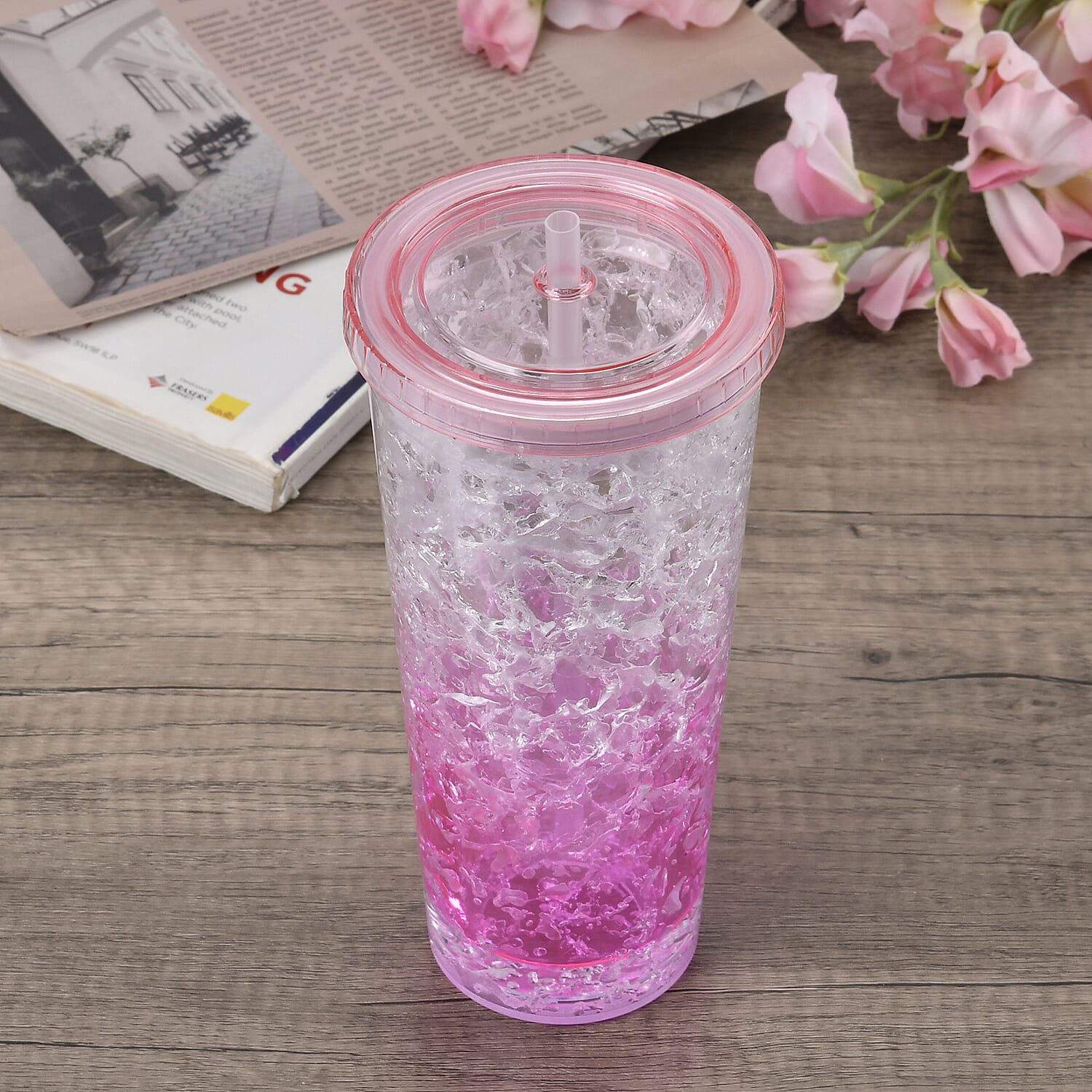 Double Wall Ice Crack Tumbler with Lid and Straw 600ml - Pink