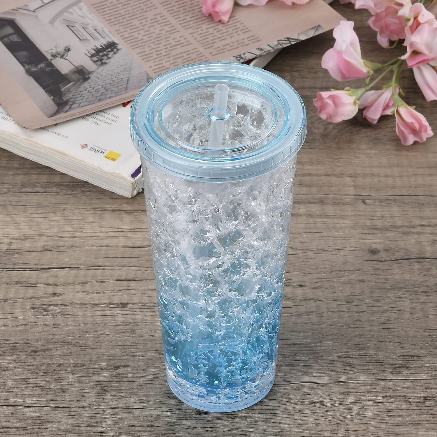 Double Wall Ice CrackTumbler with Lid and Straw 600ml - Blue