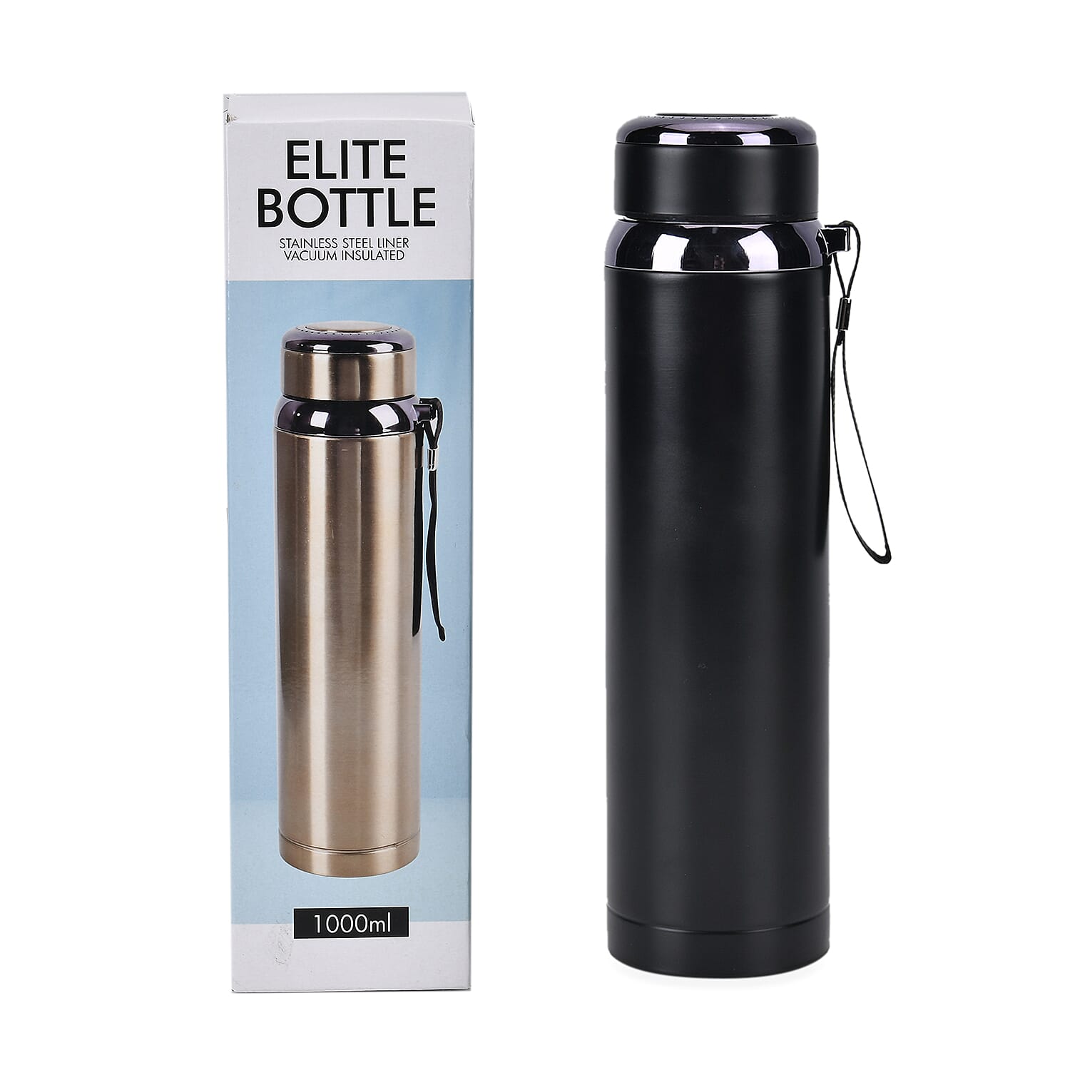 Double Wall Thermos Cup with Stainless Steel Filter and Lanyard 1000ml - Black
