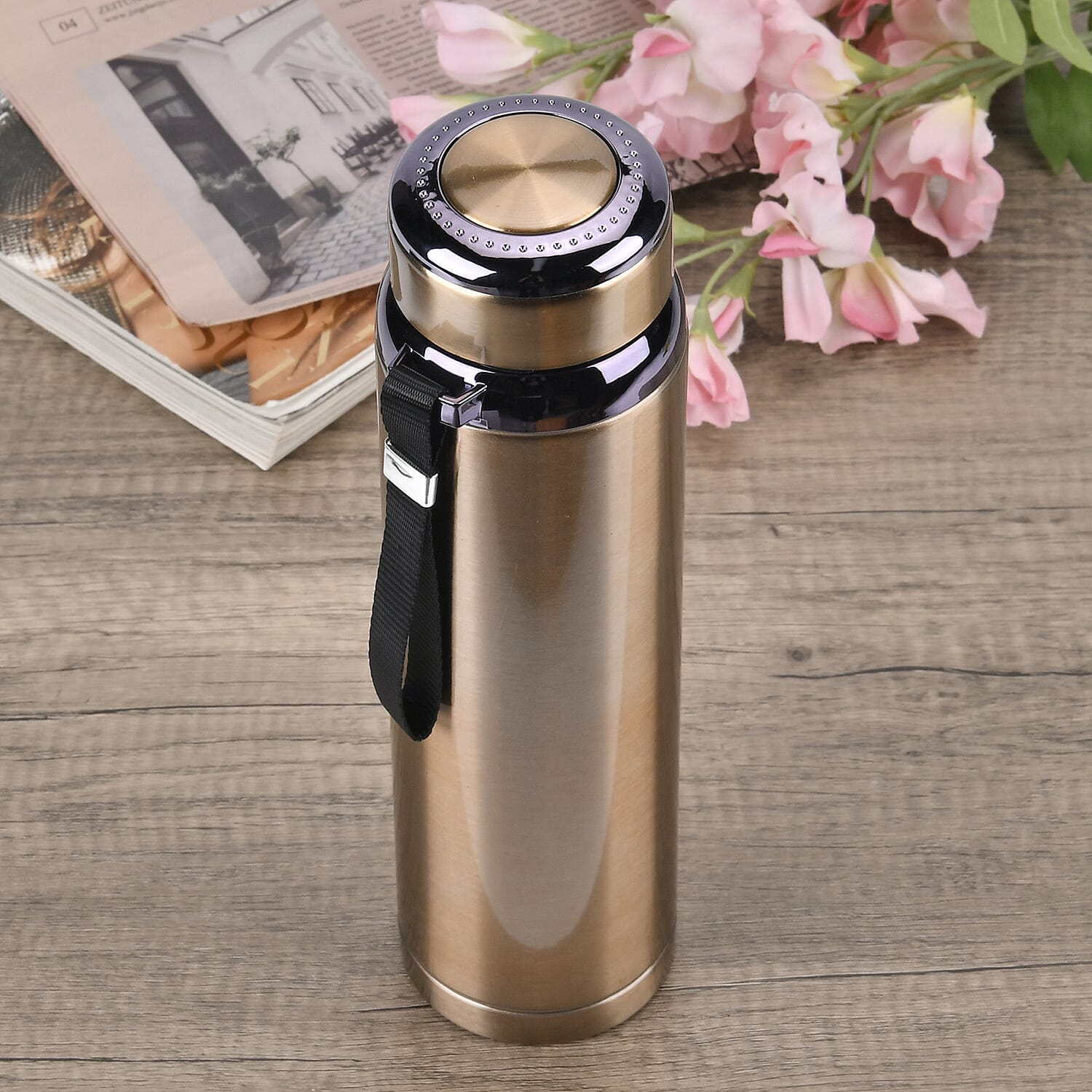 Double Wall Thermos Cup with Stainless Steel Filter and Lanyard 1000ml - Gold