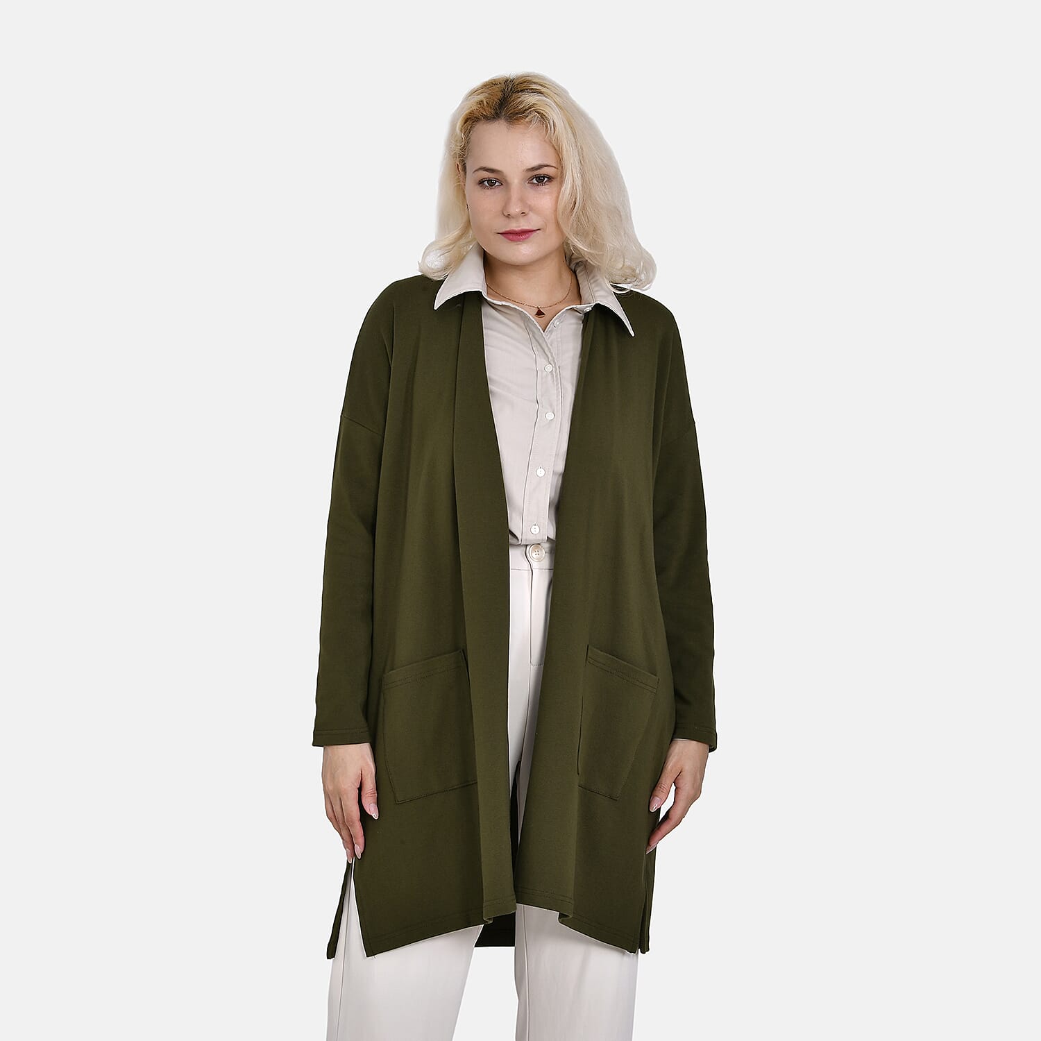 Tamsy 60% Cotton Blend Jersey Cardigan (One Size, 8-20) - Khaki