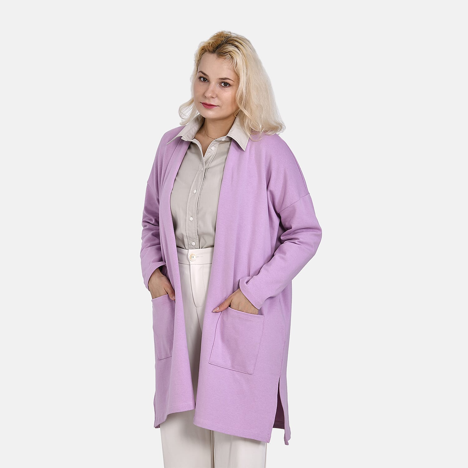 TAMSY Cotton Blend Solid Cardigan (One Size) - Purple