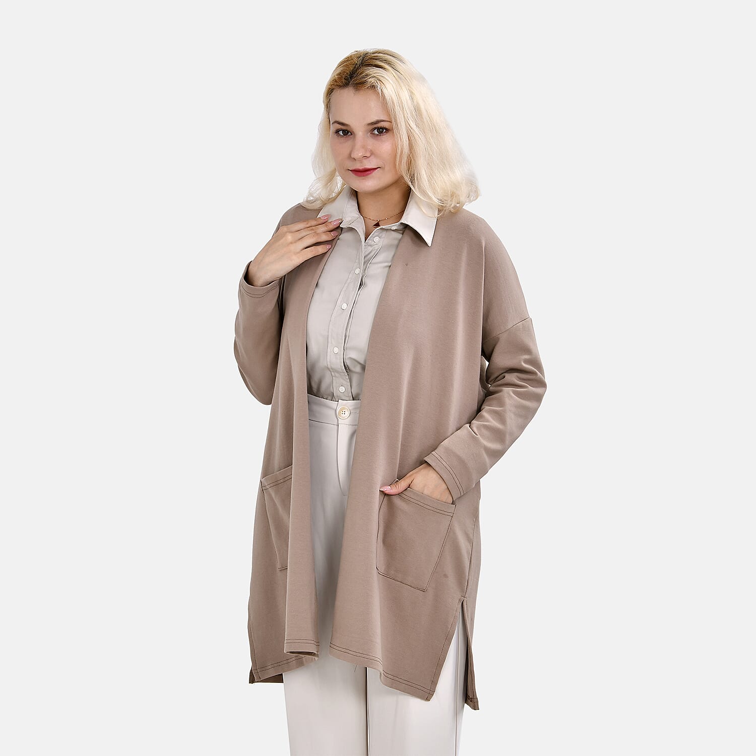 Tamsy Cotton Solid Cardigan (One Size 8-20 ) - Beige