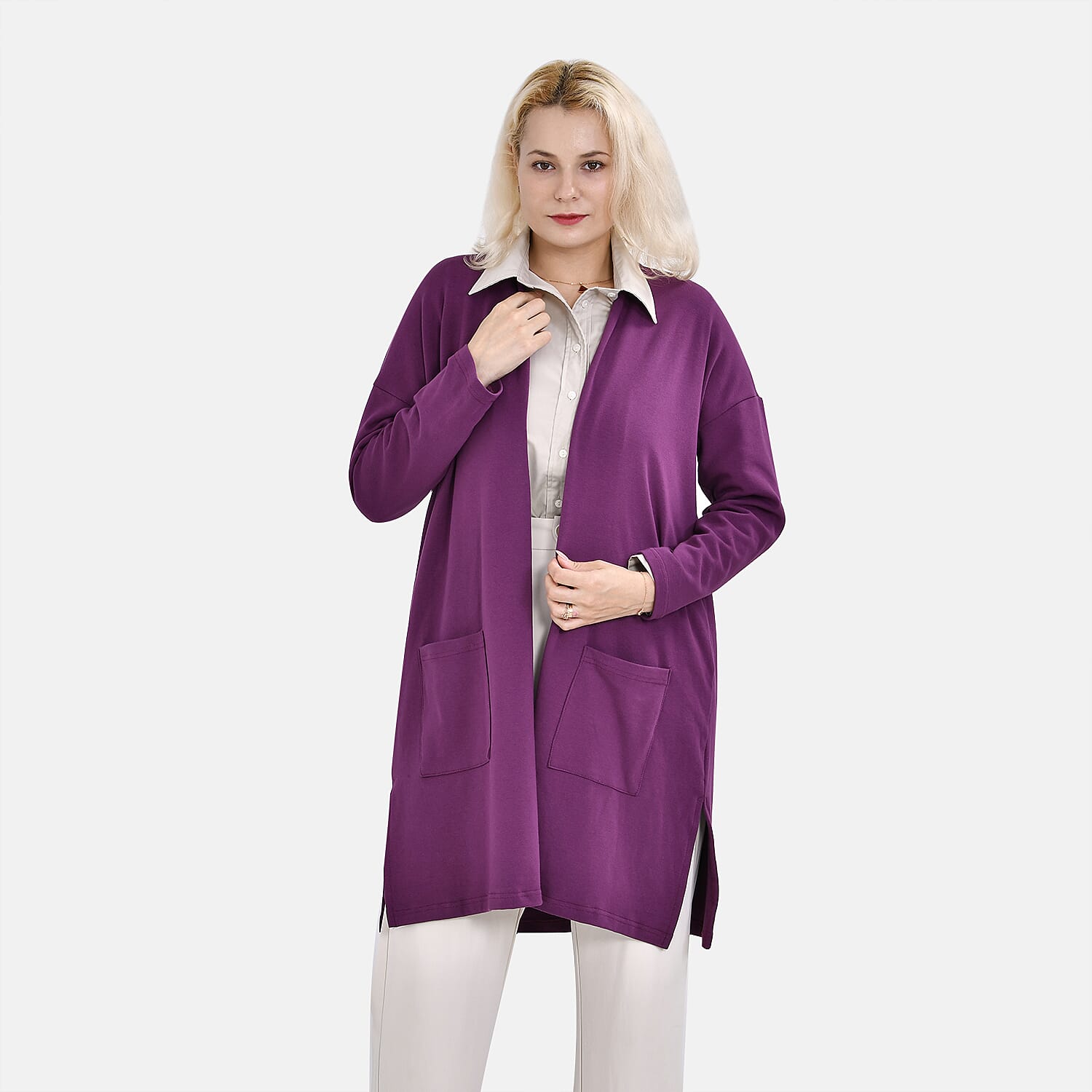 Tamsy Cotton Solid Cardigan (One Size 8-20) - Plum