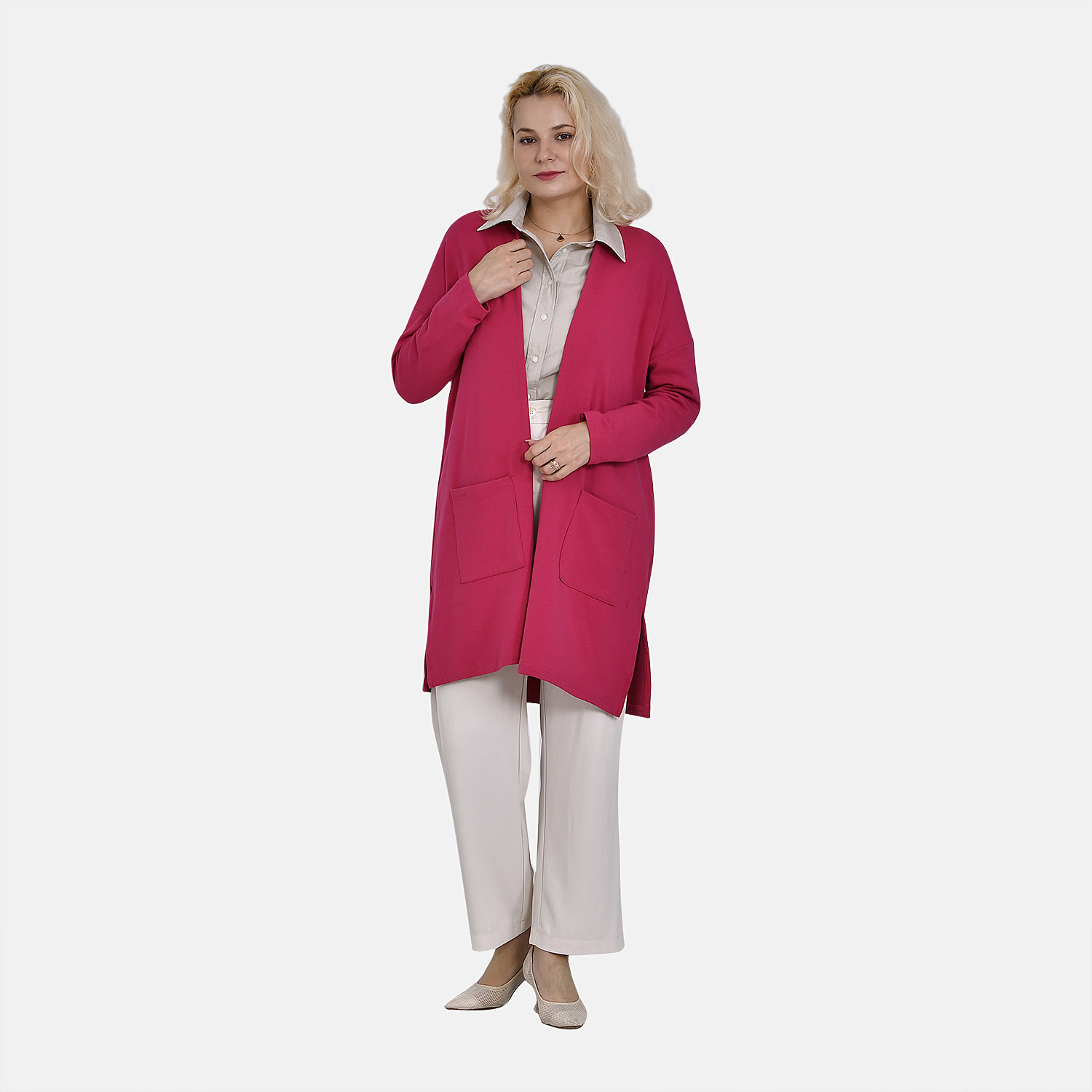 Tamsy 60% Cotton Blend Jersey Cardigan (One Size, 8-20) - Fuchsia