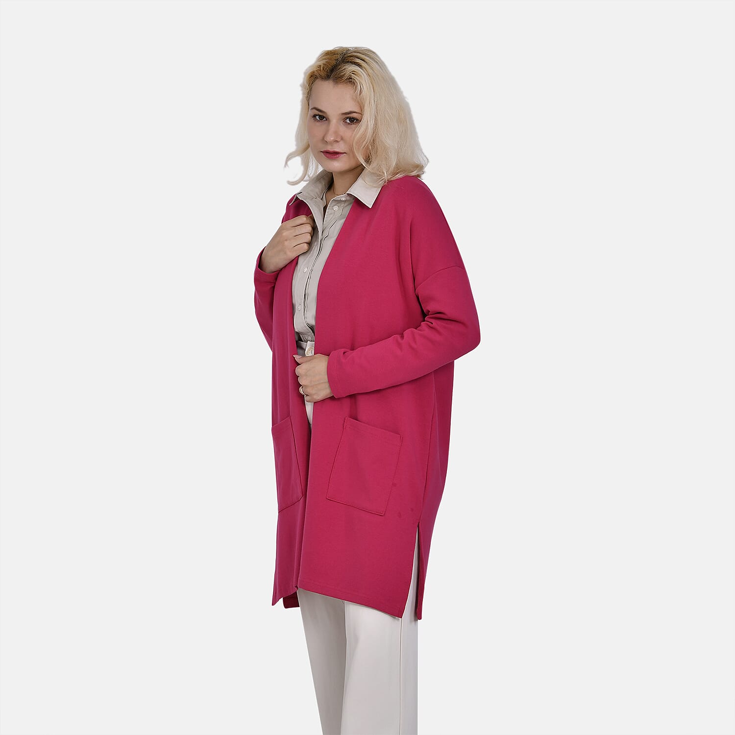 Tamsy 60% Cotton Blend Jersey Cardigan (One Size, 8-20) - Fuchsia