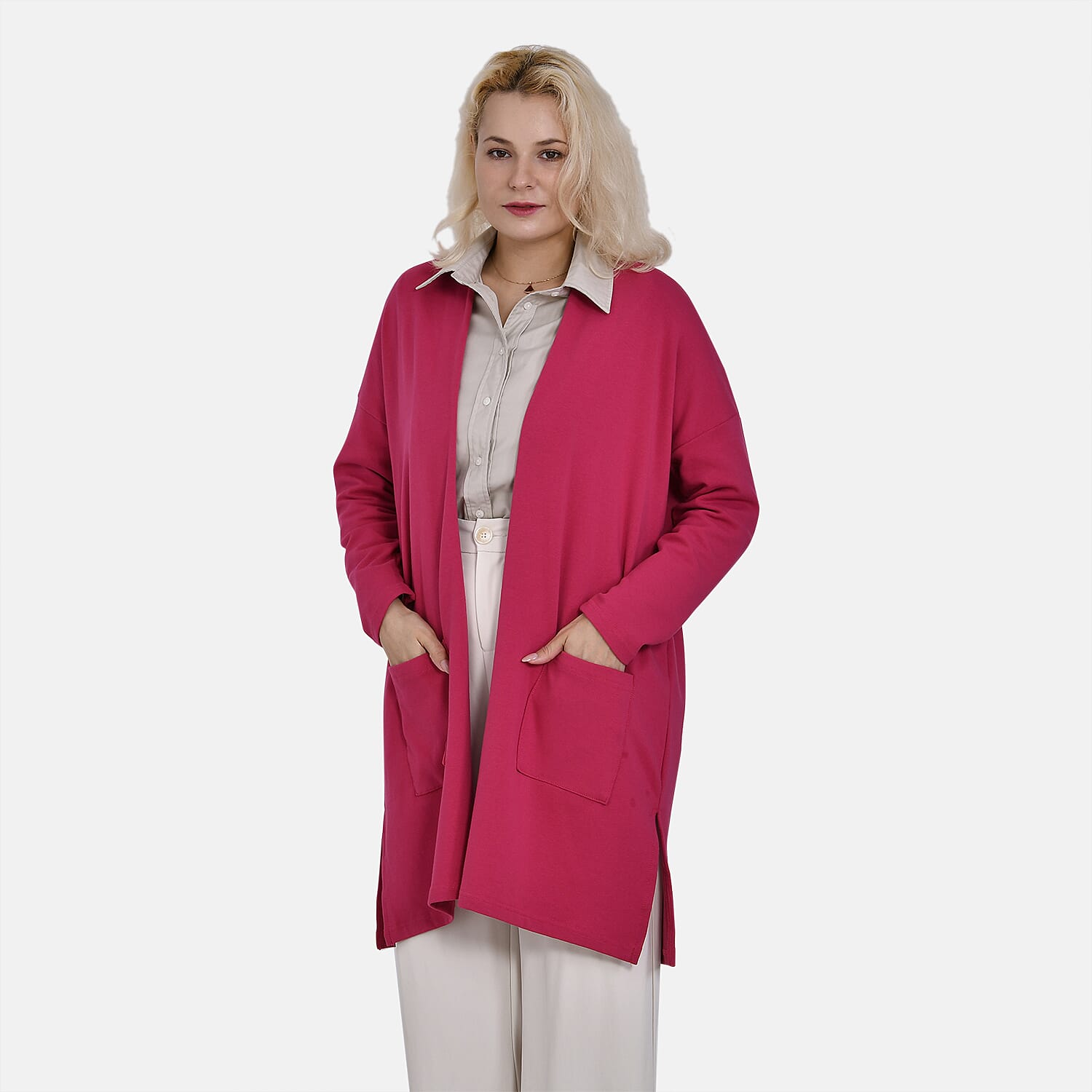 Tamsy 60% Cotton Blend Jersey Cardigan (One Size, 8-20) - Fuchsia
