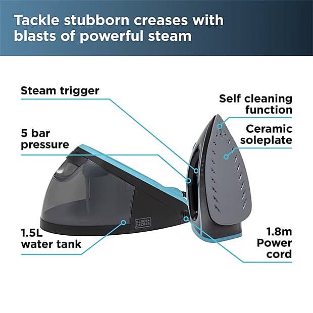 Black & Decker 2800W Steam Station with 1.5L Detachable Water Tank - Black