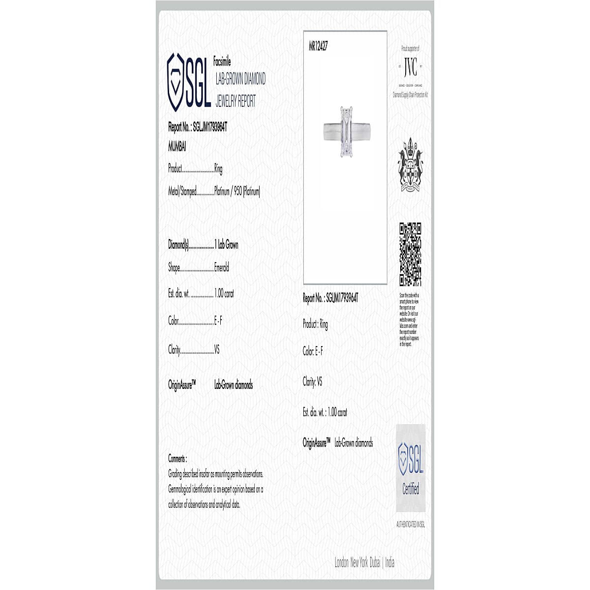 LUXURIANT 1 Carat Lab Grown Diamond Solitaire Ring in 950 Platinum