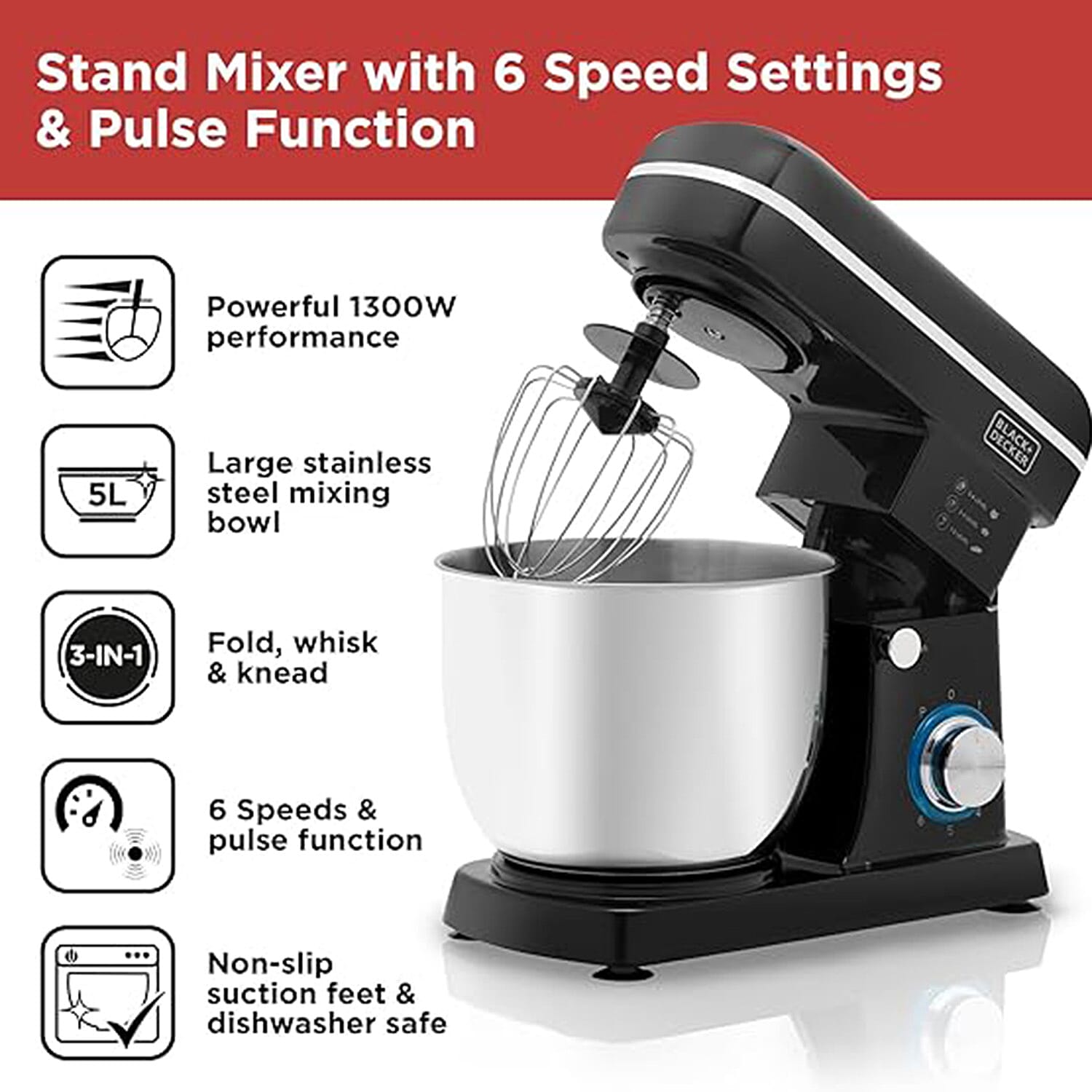 3-in-1 Stand Mixer with Beater, Balloon Whisk & Dough Hook Attachments (Power 1300W) - Black