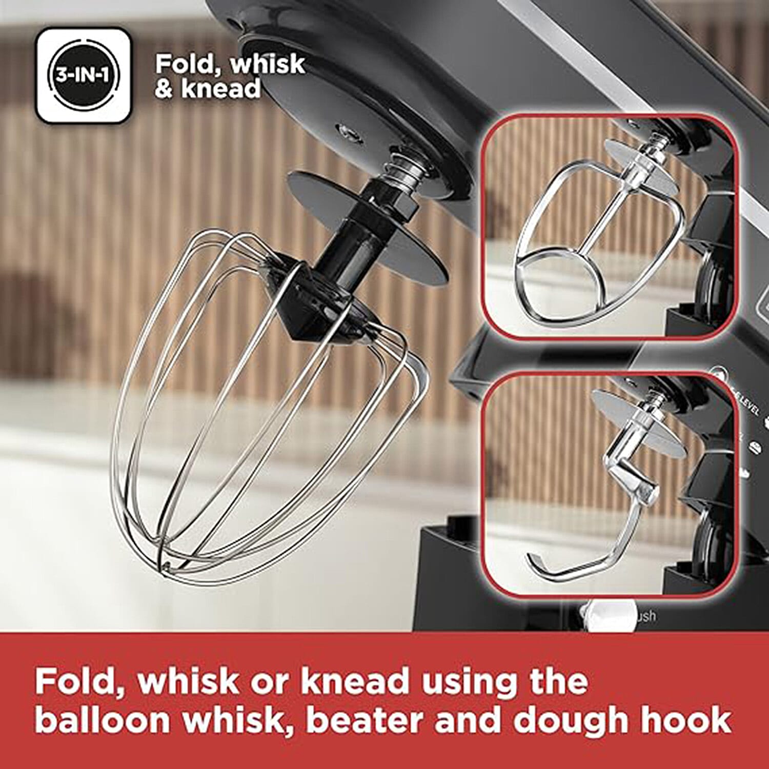 3-in-1 Stand Mixer with Beater, Balloon Whisk & Dough Hook Attachments (Power 1300W) - Black