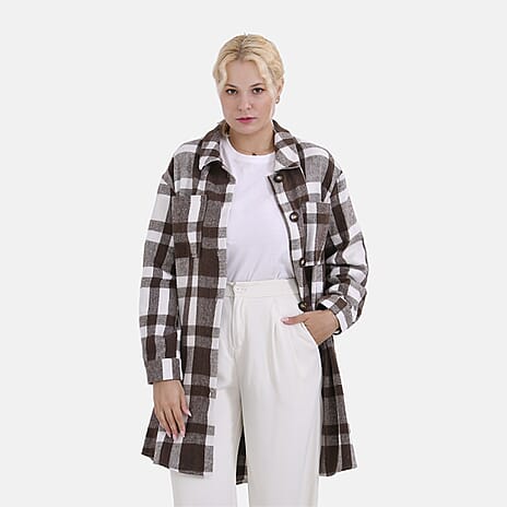 La Marey Brushed Checked Long Length Shirt-Coat (Size M) - Grey