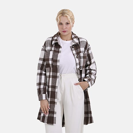 La Marey Brushed Checked Long Length Shirt-Coat (Size L) - Brown & White