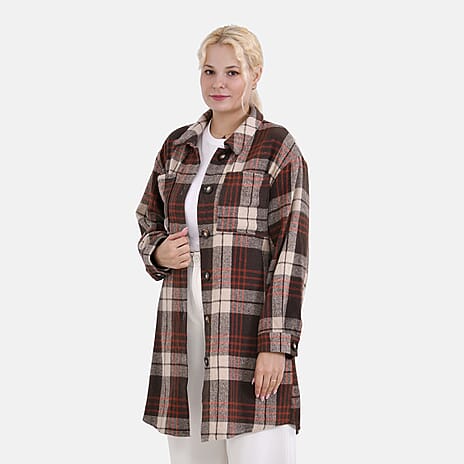 La Marey Brushed Checked Long Length Shirt-Coat (Size L) - Brown - Beige