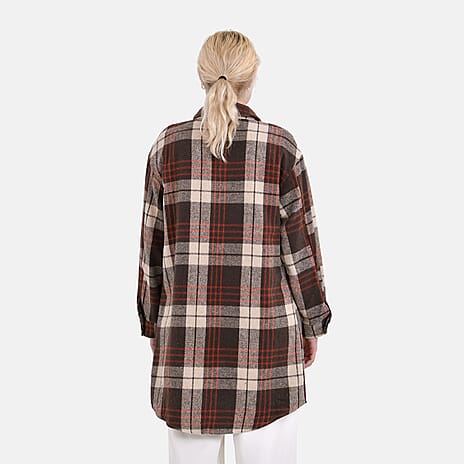 La Marey Brushed Checked Long Length Shirt-Coat (Size XXL) - Brown - Beige
