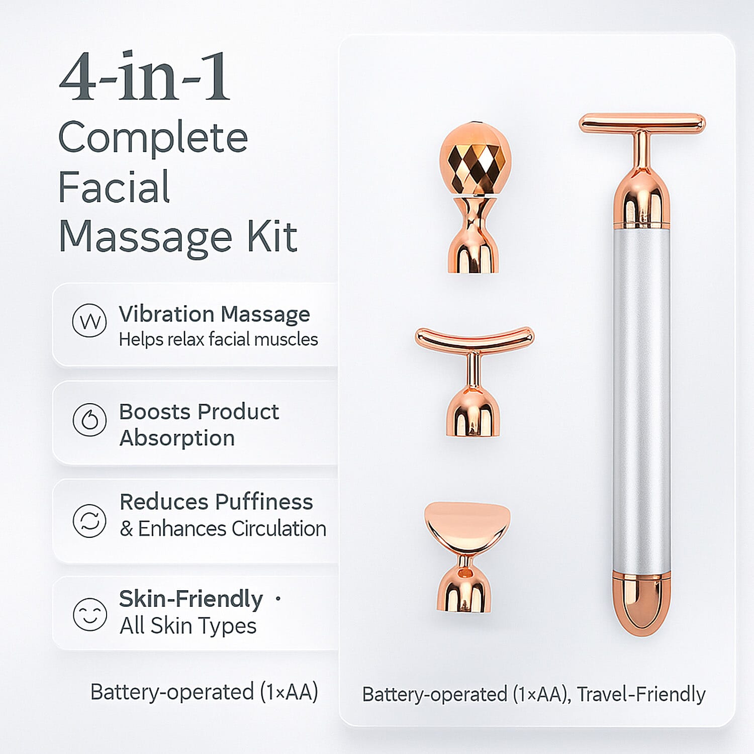 4-in-1 Facial Vibration Massage Roller - Four Interchangeable Massage Heads Including 1 Straight T-Shape Head, 1 Curved T-Shape Head