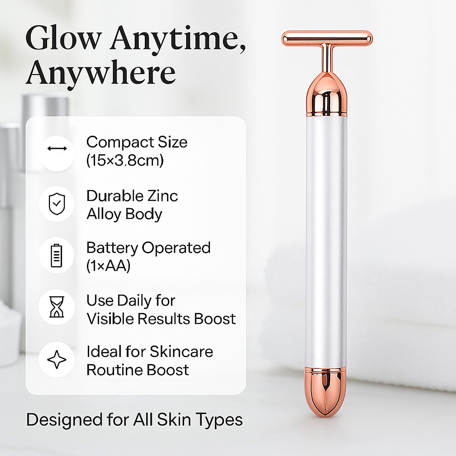 4-in-1 Facial Vibration Massage Roller - Four Interchangeable Massage Heads Including 1 Straight T-Shape Head, 1 Curved T-Shape Head