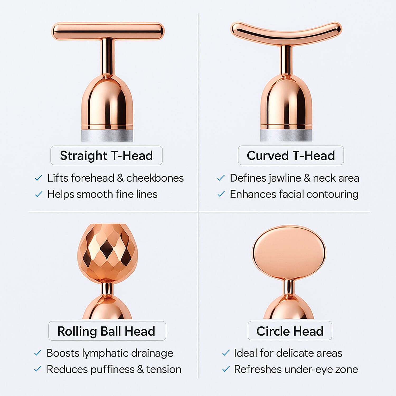 4-in-1 Facial Vibration Massage Roller - Four Interchangeable Massage Heads Including 1 Straight T-Shape Head, 1 Curved T-Shape Head