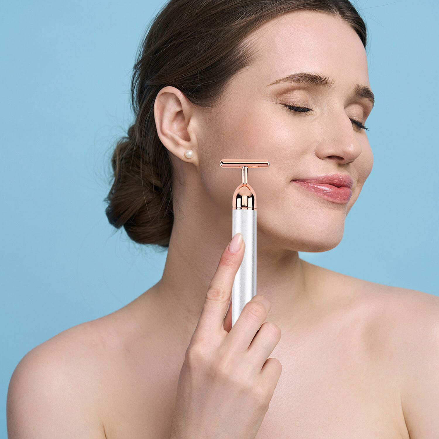 4-in-1 Facial Vibration Massage Roller - Four Interchangeable Massage Heads Including 1 Straight T-Shape Head, 1 Curved T-Shape Head