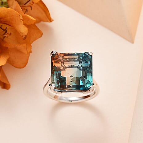 Aqua Terra Costa Quartz Solitaire Ring in Platinum Overlay Sterling Silver 16.32 Ct.