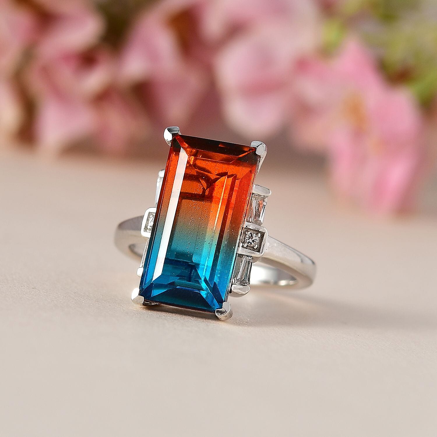 Aqua Terra Costa Quartz & White Topaz Ring in Platinum Overlay Sterling Silver 7.14 Ct.