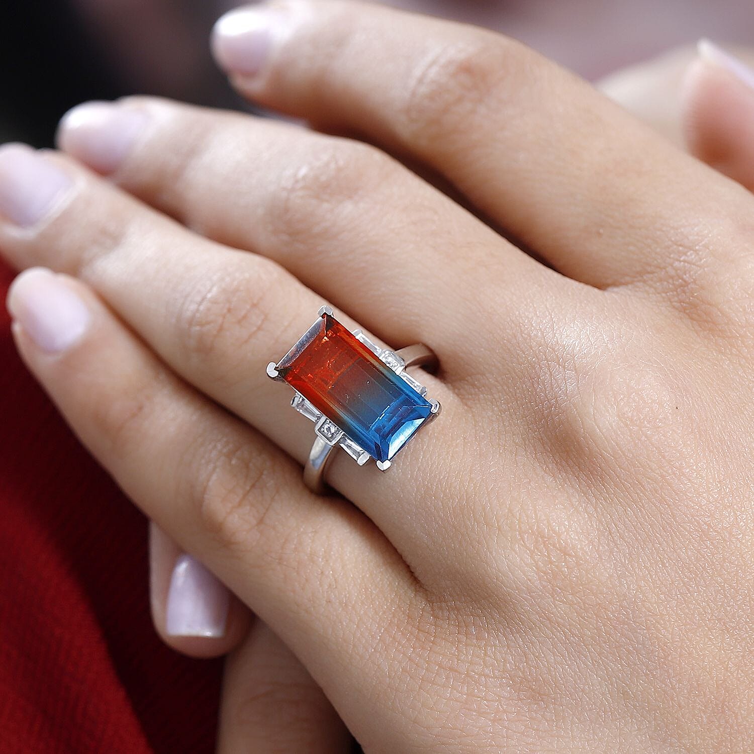 Aqua Terra Costa Quartz & White Topaz Ring in Platinum Overlay Sterling Silver 7.14 Ct.