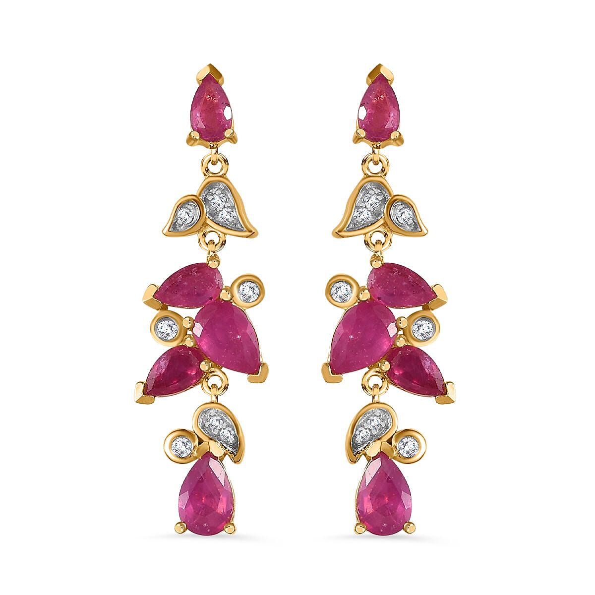 Ruby(FF) & Natural Zircon Dangle Earrings in 18K Vermeil Yellow Gold Plated Sterling Silver 4.52 Ct