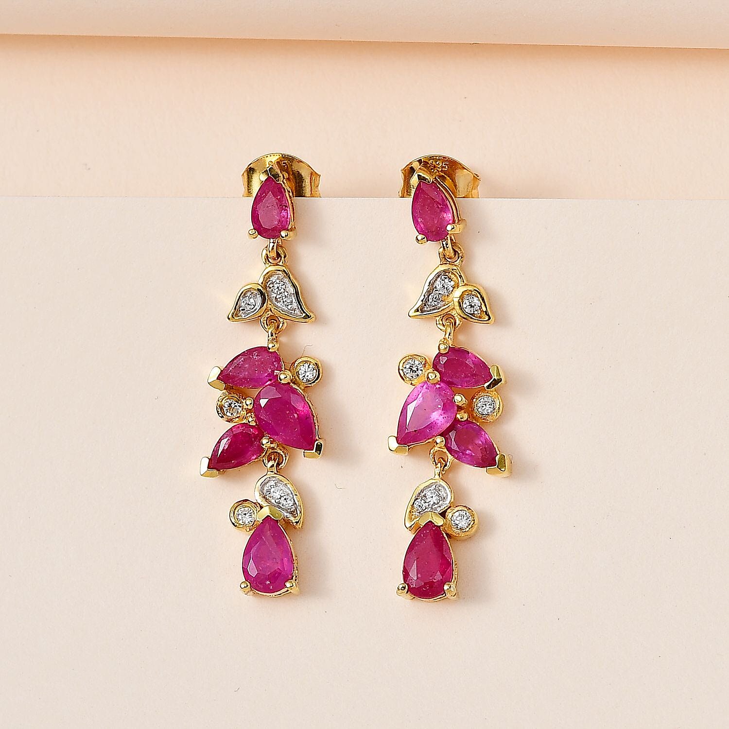 Ruby(FF) & Natural Zircon Dangle Earrings in 18K Vermeil Yellow Gold Plated Sterling Silver 4.52 Ct