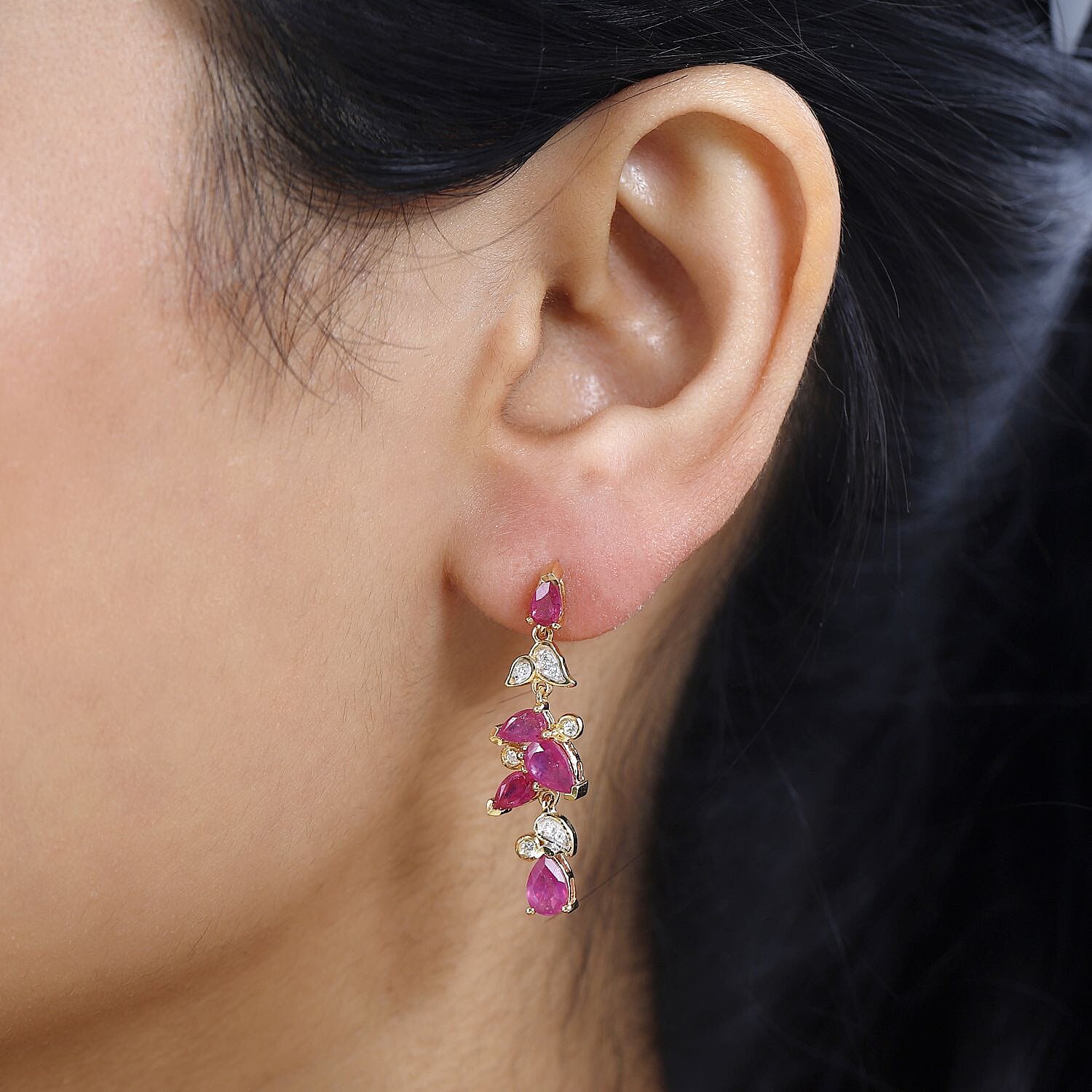 Ruby(FF) & Natural Zircon Dangle Earrings in 18K Vermeil Yellow Gold Plated Sterling Silver 4.52 Ct