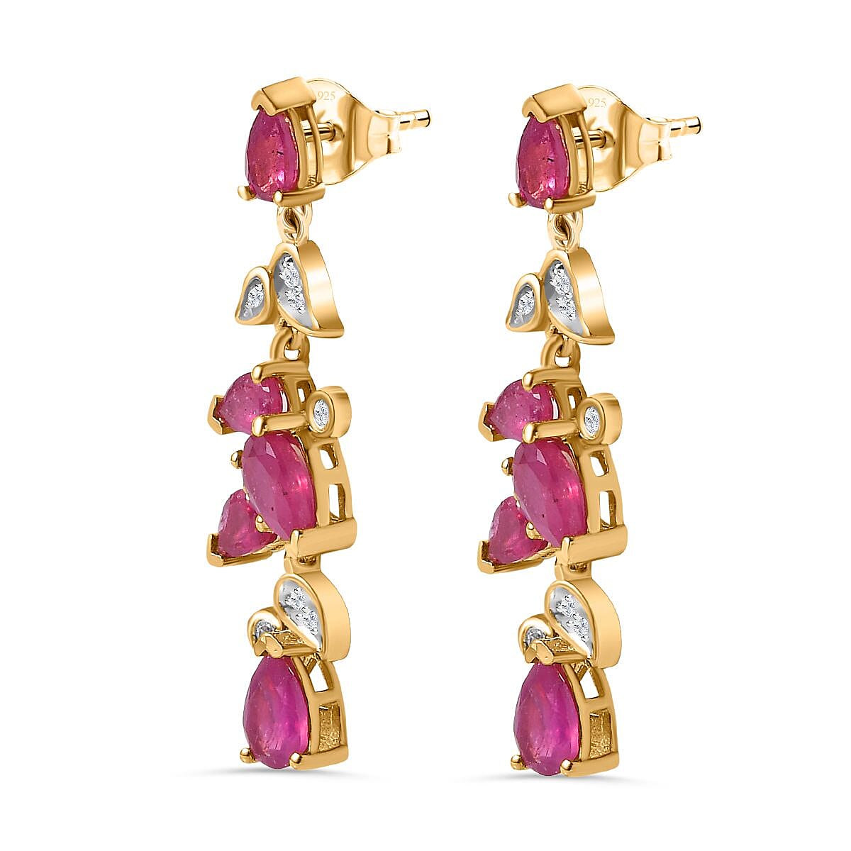 Ruby(FF) & Natural Zircon Dangle Earrings in 18K Vermeil Yellow Gold Plated Sterling Silver 4.52 Ct