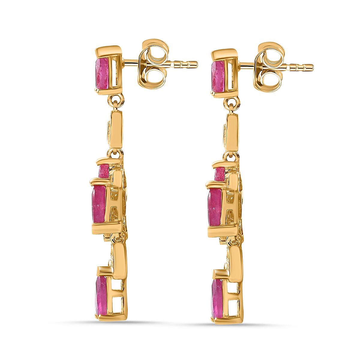 Ruby(FF) & Natural Zircon Dangle Earrings in 18K Vermeil Yellow Gold Plated Sterling Silver 4.52 Ct