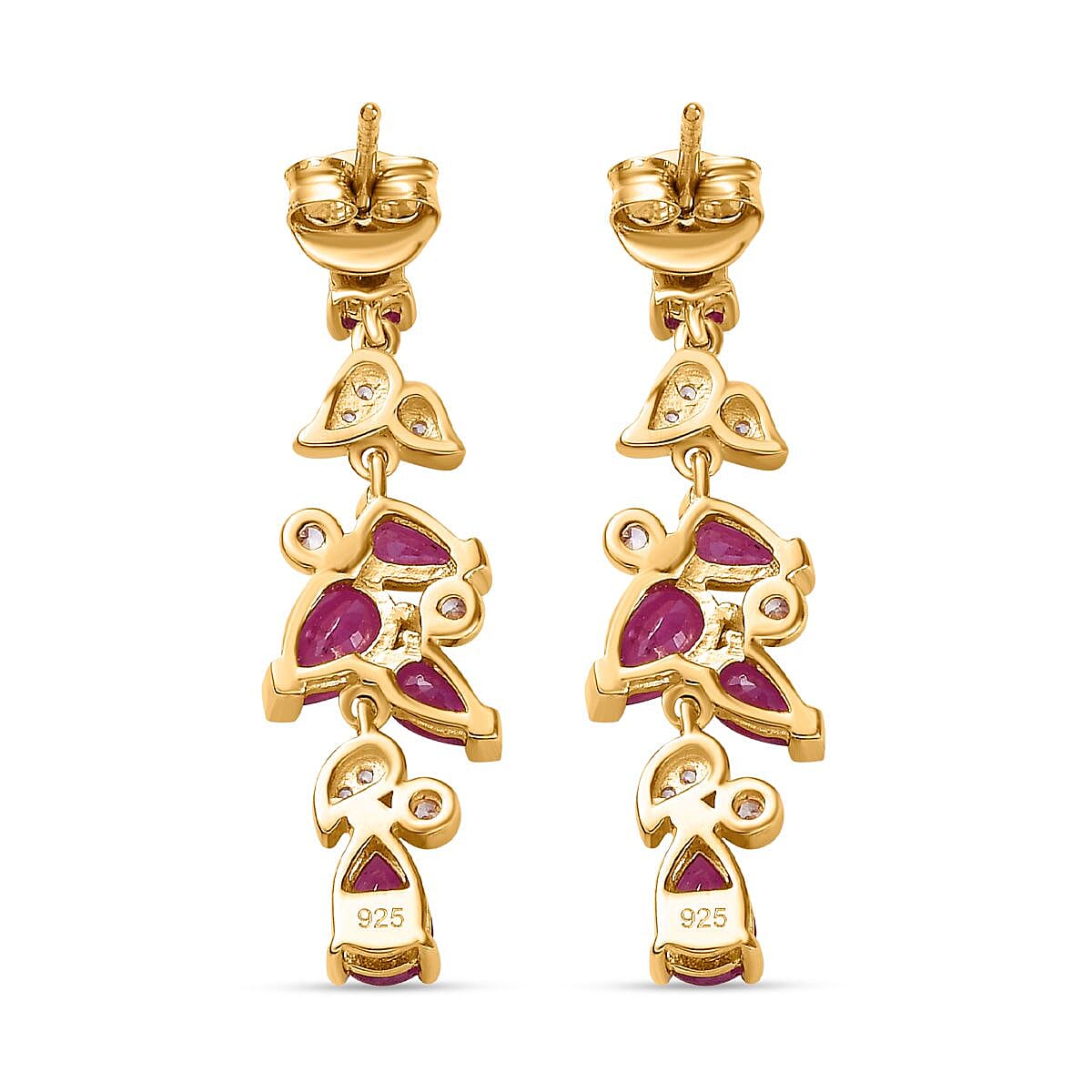 Ruby(FF) & Natural Zircon Dangle Earrings in 18K Vermeil Yellow Gold Plated Sterling Silver 4.52 Ct