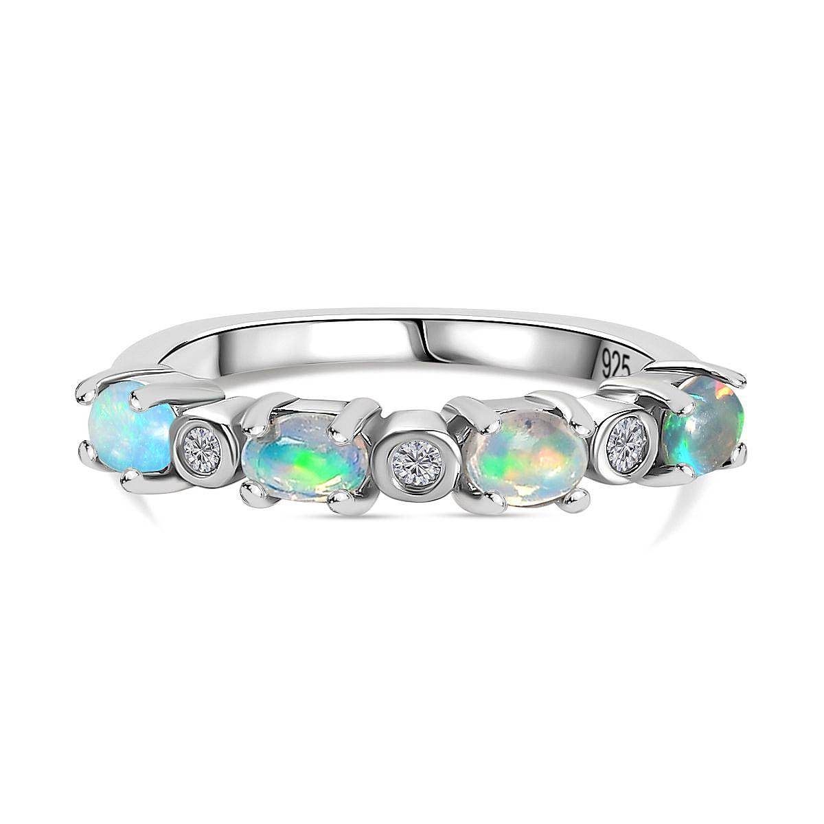 Ethiopian Welo Opal & Natural Zircon Ring in Platinum Overlay Sterling Silver