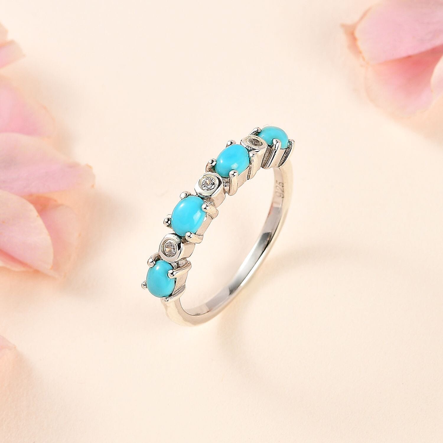 Arizona Sleeping Beauty Turquoise & Natural Zircon Ring in Platinum Overlay Sterling Silver