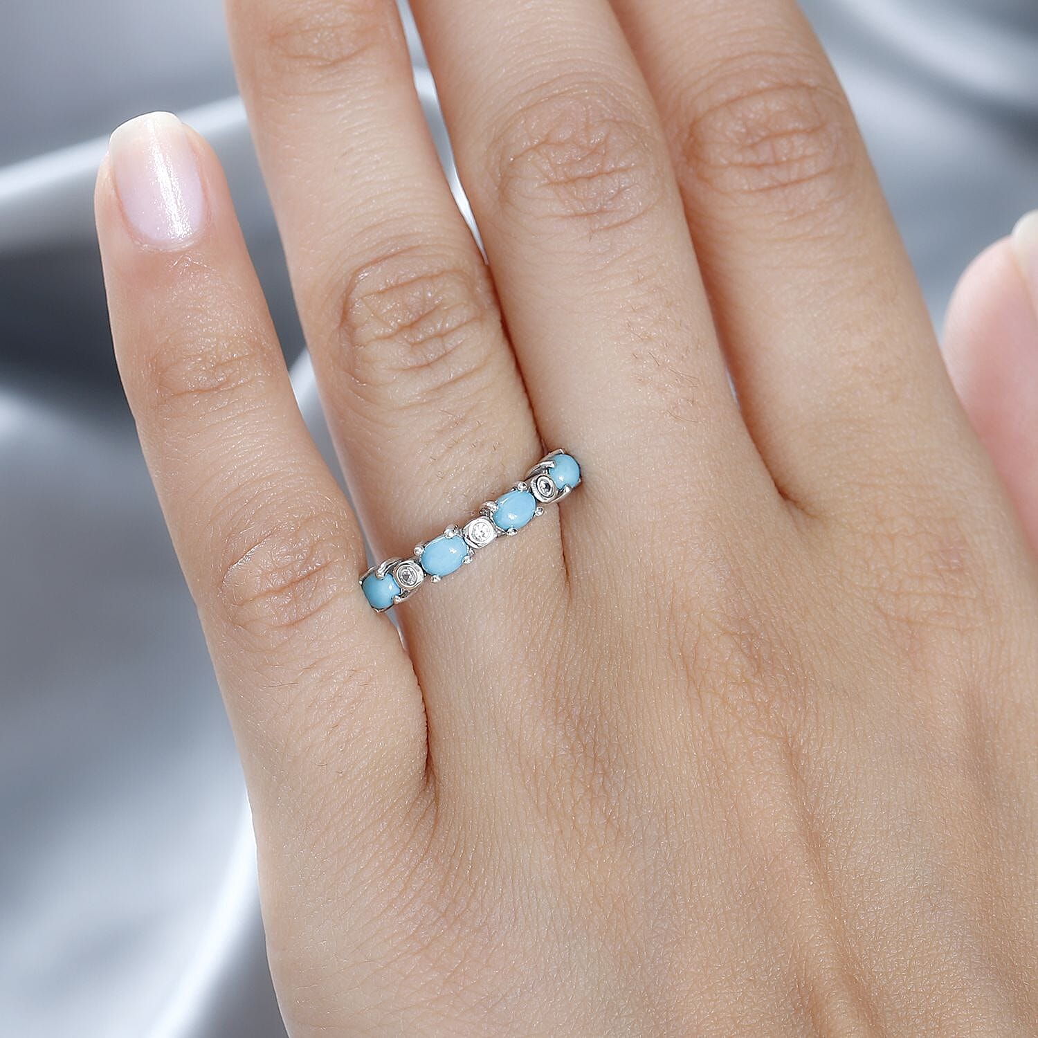 Arizona Sleeping Beauty Turquoise & Natural Zircon Ring in Platinum Overlay Sterling Silver