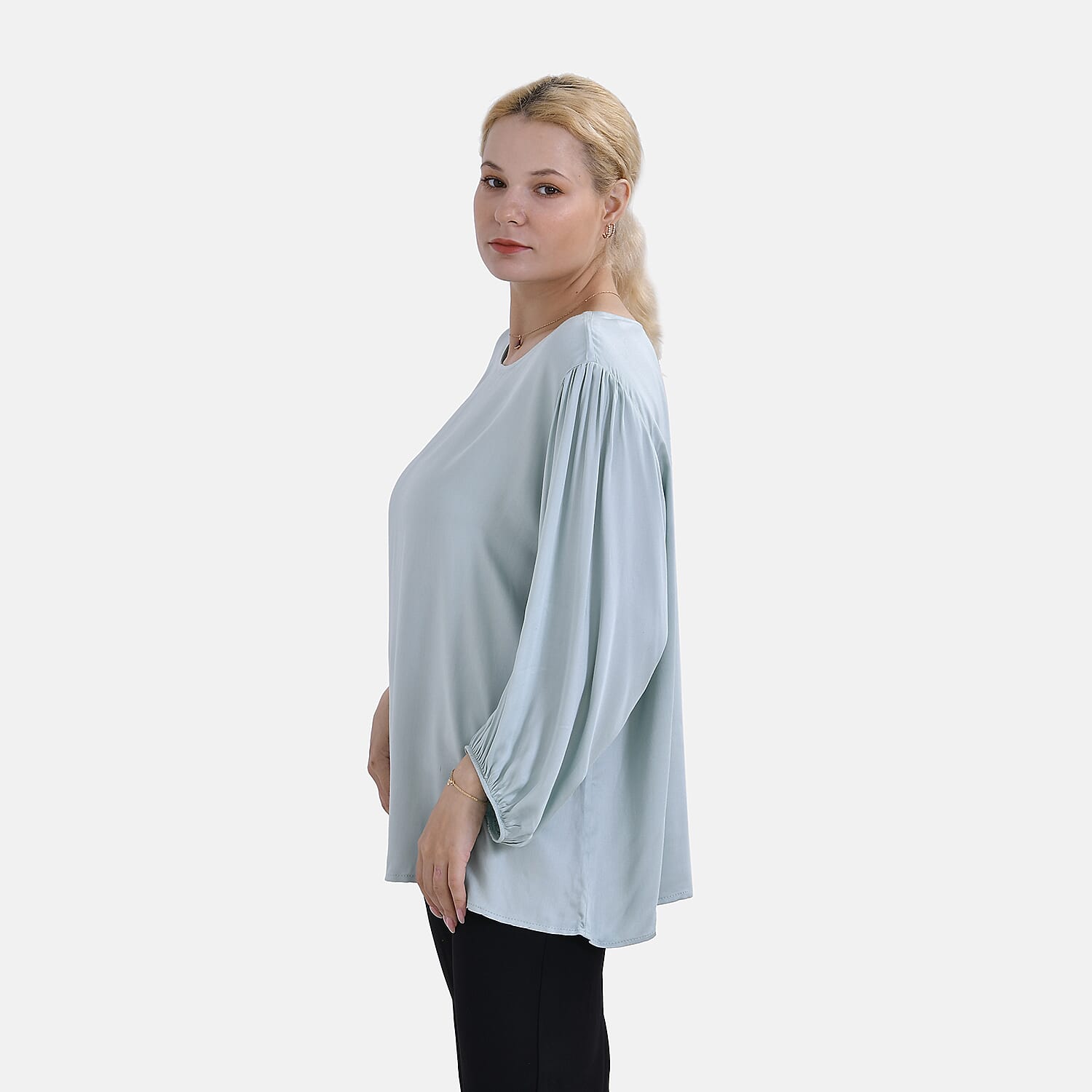 TAMSY 100% Viscose Round Neck Top (Size L) - Light Green