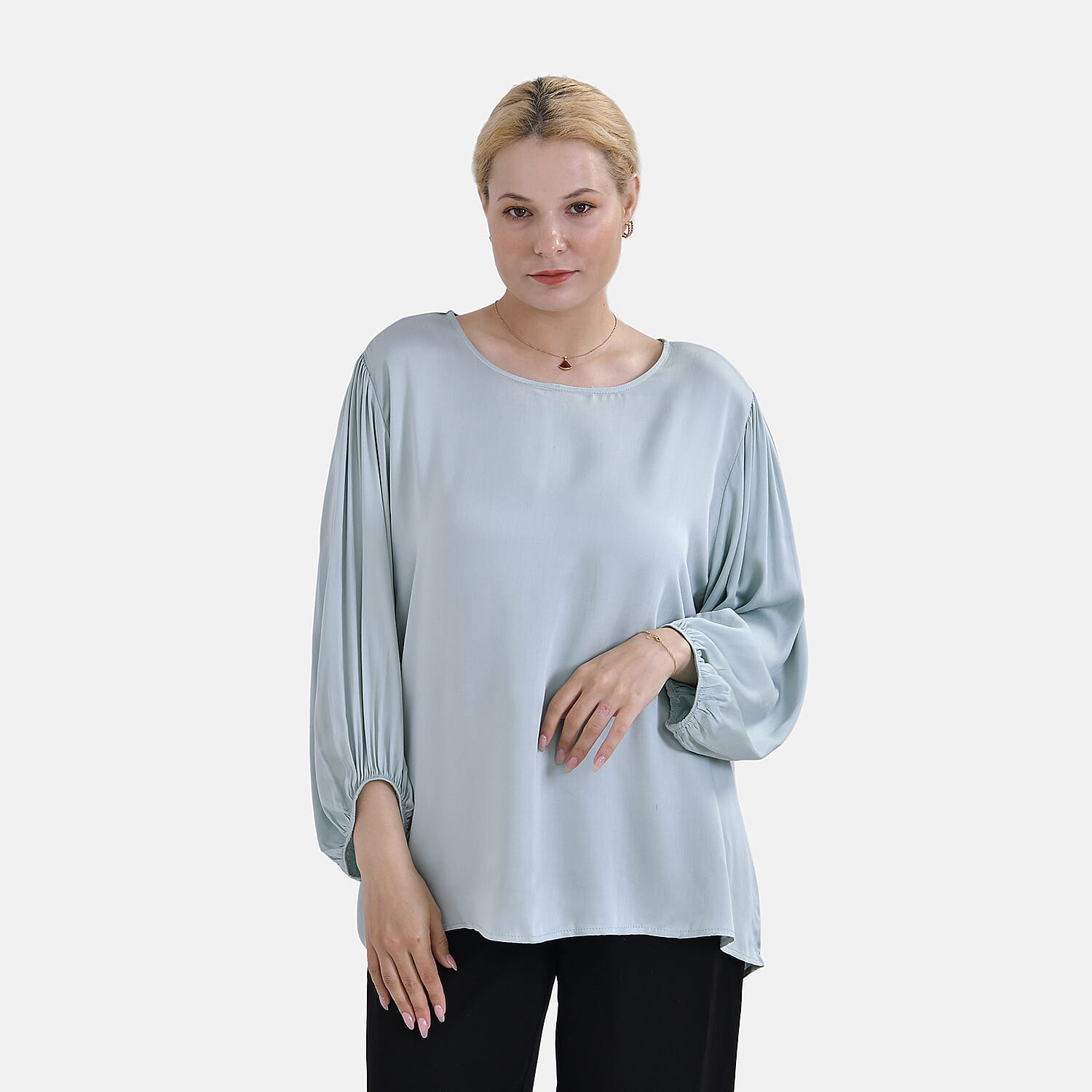 TAMSY 100% Viscose Round Neck Top (Size L) - Light Green