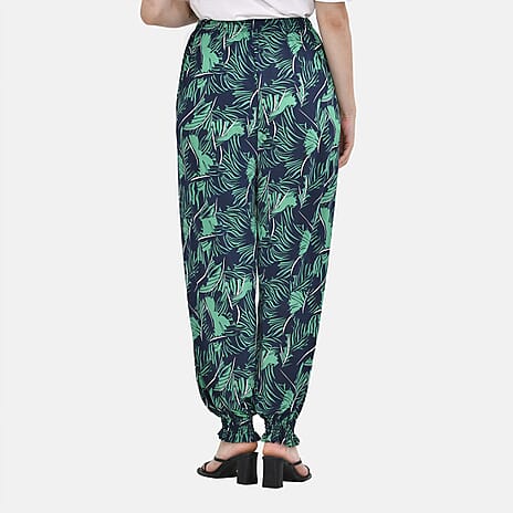 TAMSY Tropical Leaf Pattern Elastic Waist Band Trousers (One Size, 8-16) - Green