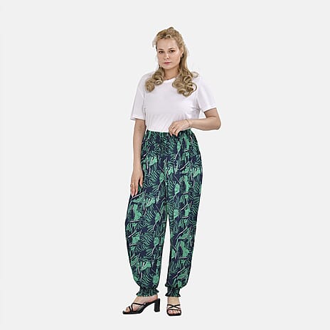 TAMSY Tropical Leaf Pattern Elastic Waist Band Trousers (One Size Curve, 18-24) - Green