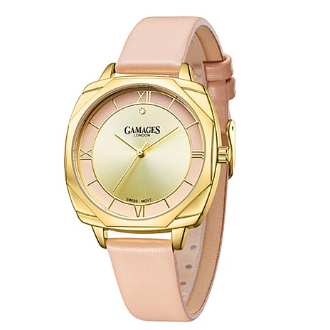 Gamages of London Resplendent Swiss Movement 30m Water Resistant Diamond Watch with Rose Gold Leather Strap