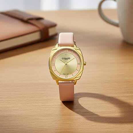 Gamages of London Resplendent Swiss Movement 30m Water Resistant Diamond Watch with Rose Gold Leather Strap