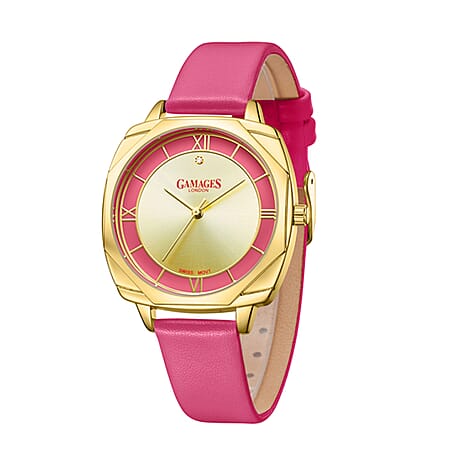 Gamages of London Resplendent Swiss Movement 30m Water Resistant Diamond Watch with Raspberry Leather Strap