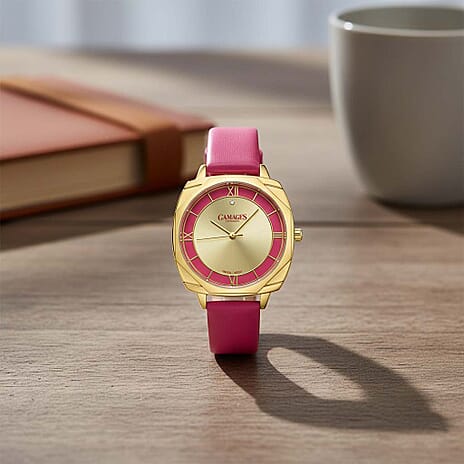 Gamages of London Resplendent Swiss Movement 30m Water Resistant Diamond Watch with Raspberry Leather Strap