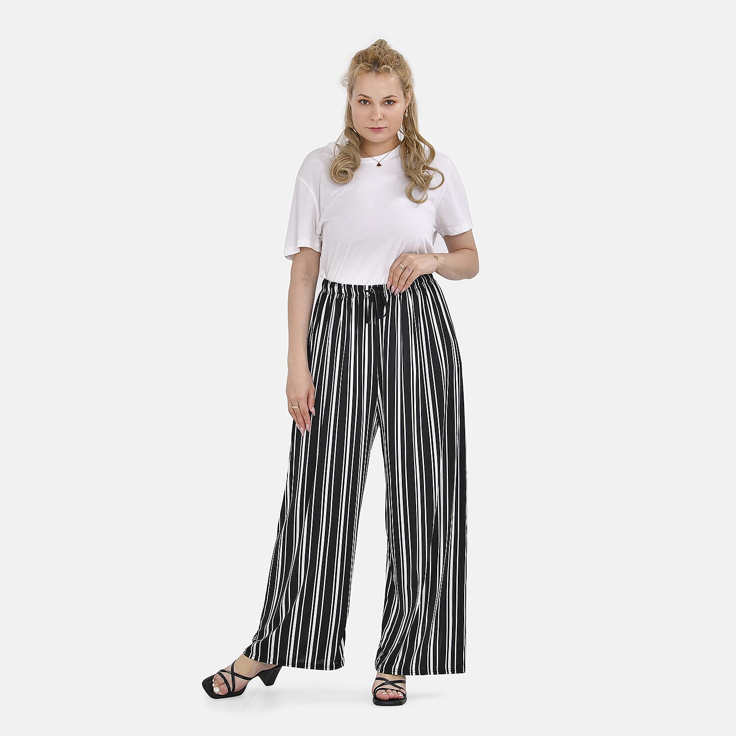 TAMSY Stripe Pattern Trousers (Curve Size) - Black & White