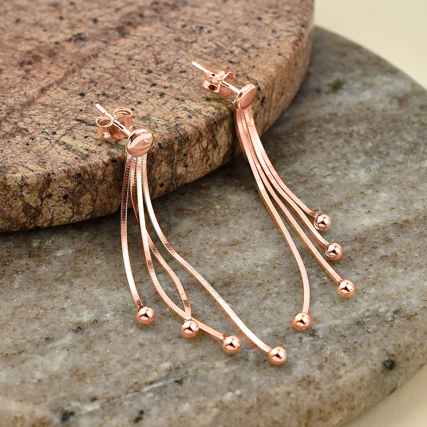 Vicenza Closeout - Sterling Silver Snake Drop Bead Earrings With Push Back in Rose Gold Overlay