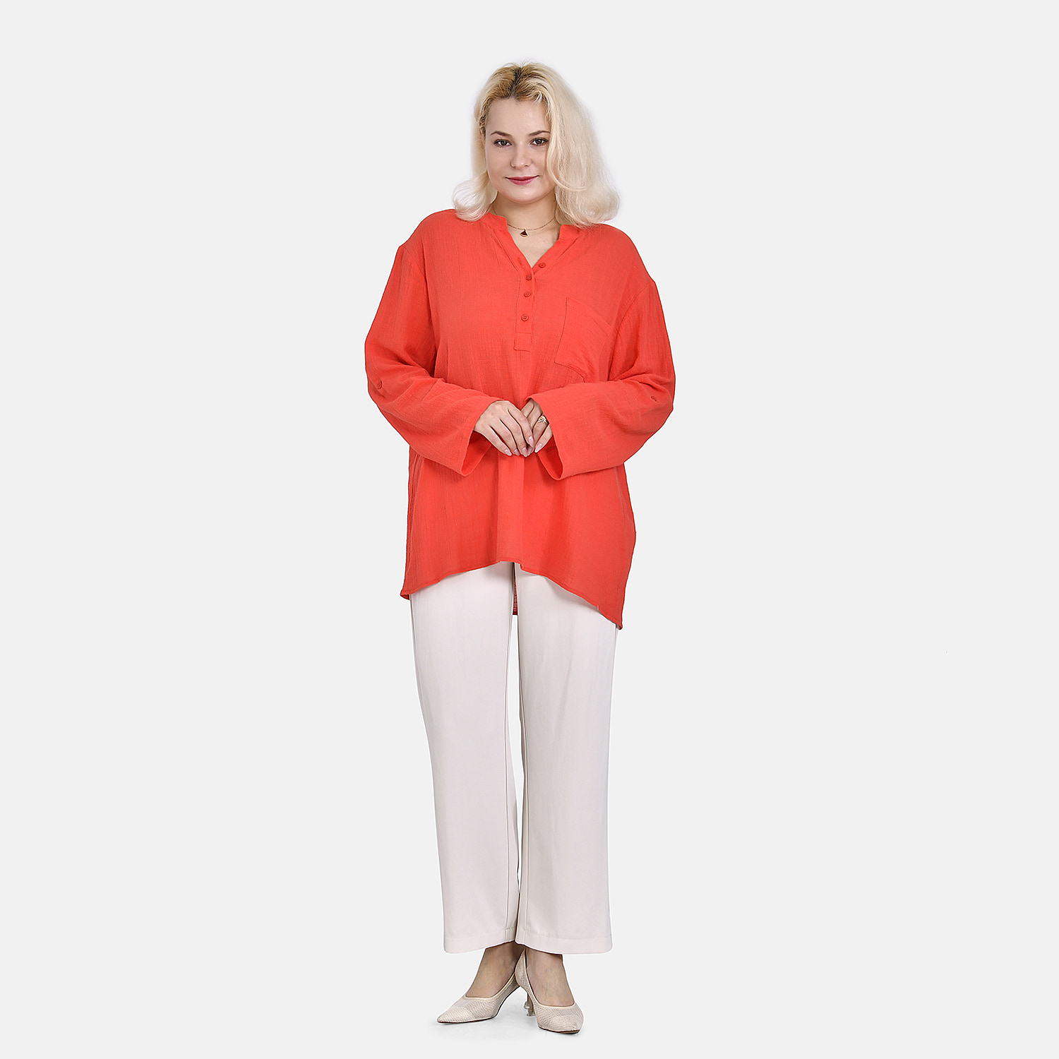 La Marey Cotton Blend 3-4 Sleeve Button Down Blouse (Size S) - Orange
