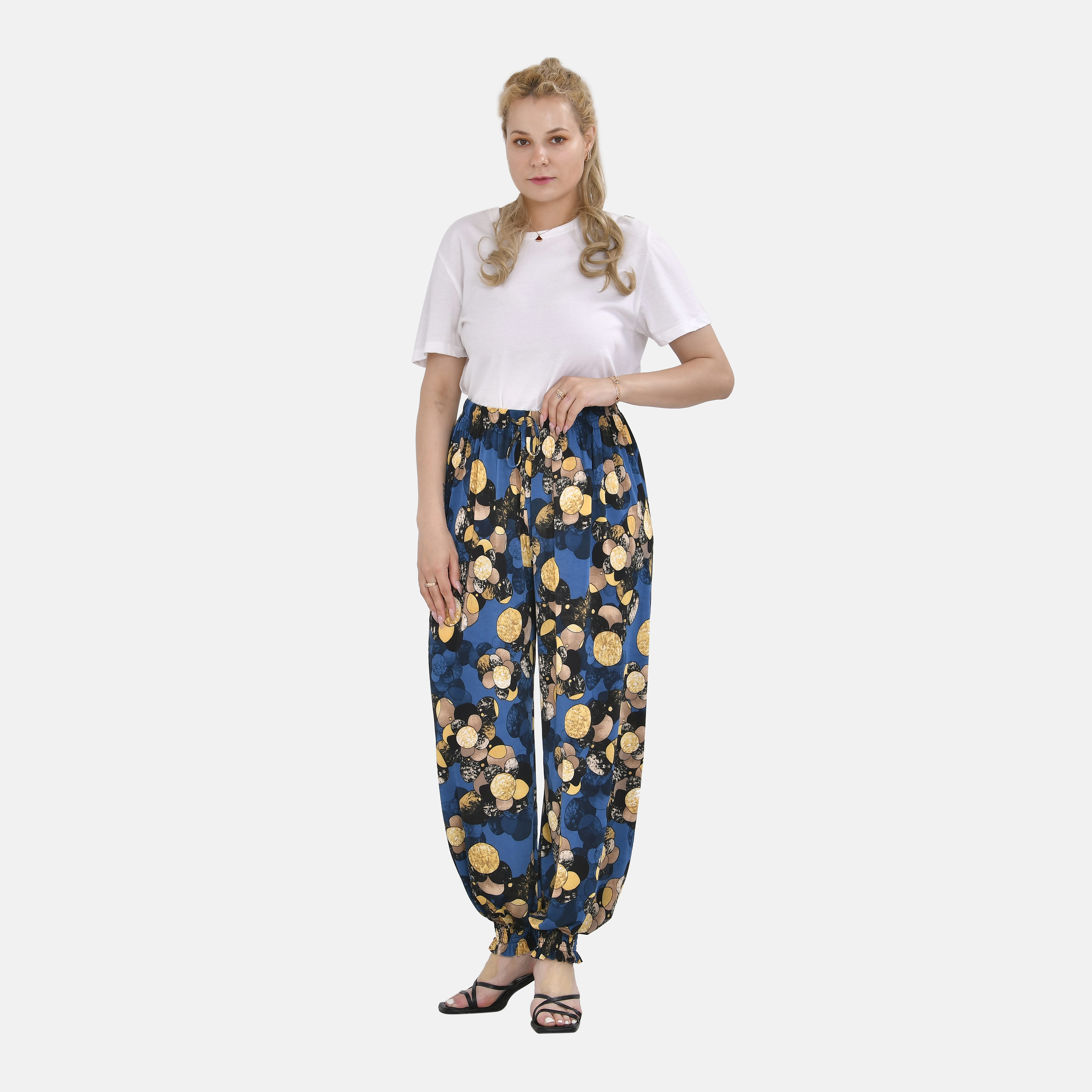 TAMSY Floral Printed Elastic Waist Trouser (One Size Curve 18-24) - Blue