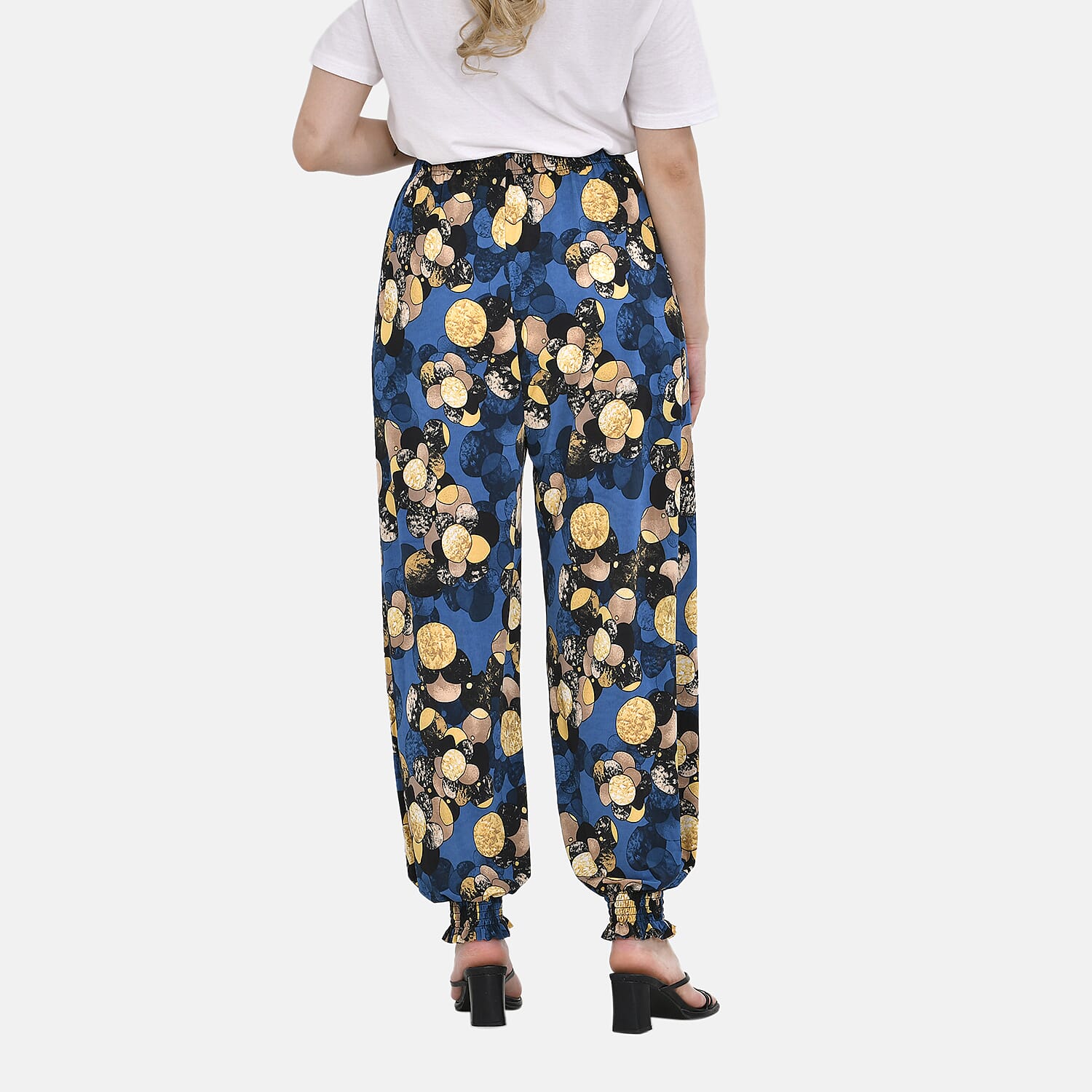 TAMSY Floral Printed Elastic Waist Trouser (One Size Curve 18-24) - Blue