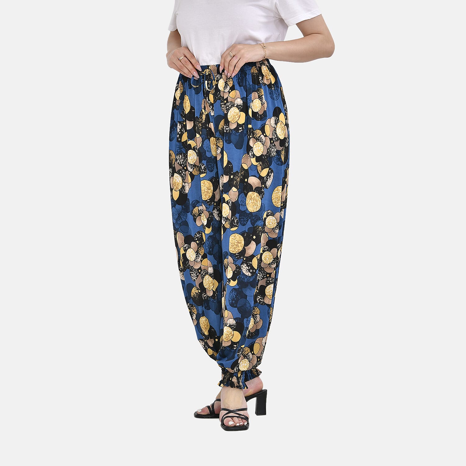 TAMSY Floral Printed Elastic Waist Trouser (One Size Curve 18-24) - Blue