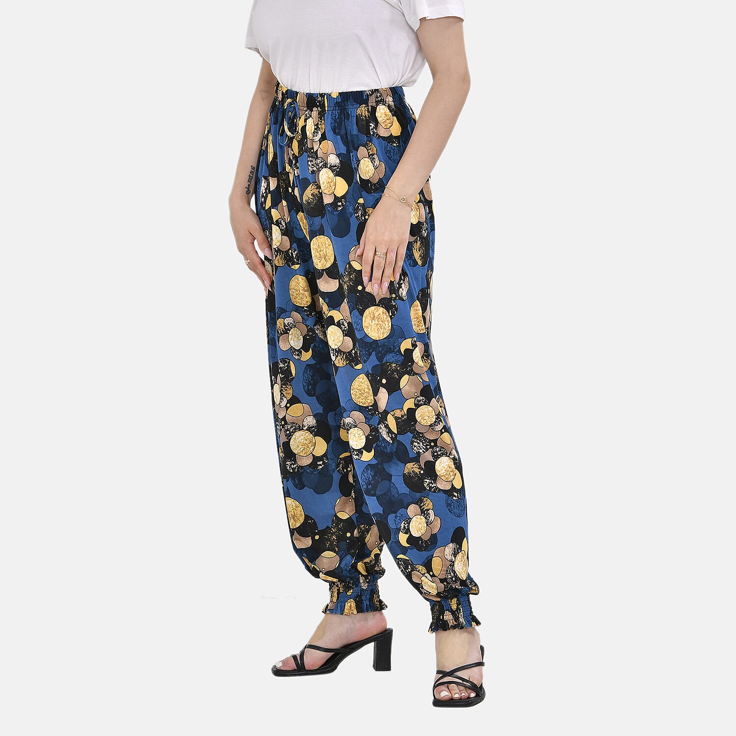 TAMSY Floral Printed Elastic Waist Trouser (One Size Curve 18-24) - Blue